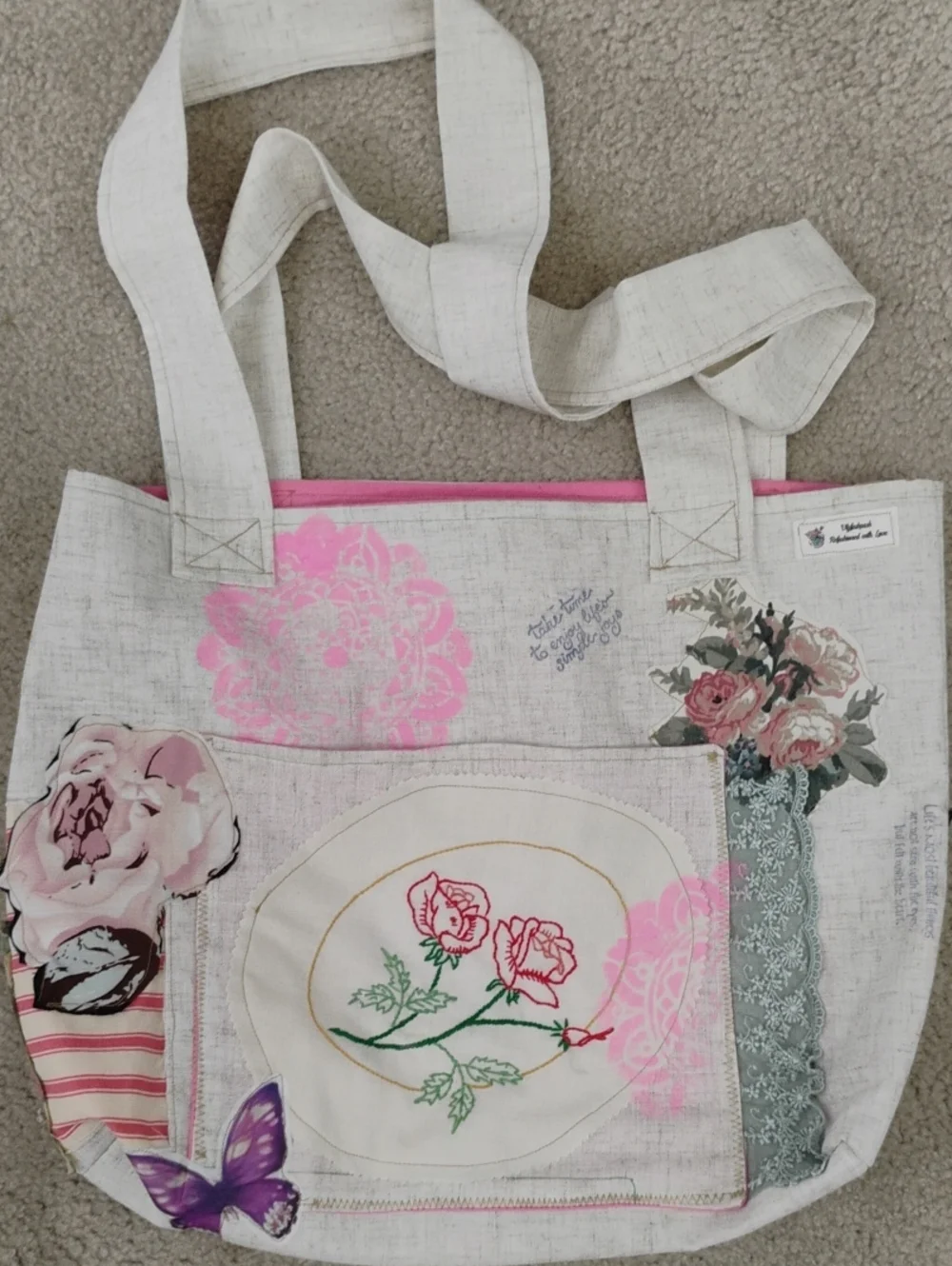 OOAK Handcrafted Upcycled Canvas Tote Bag Cat Butterfly Patchwork Floral